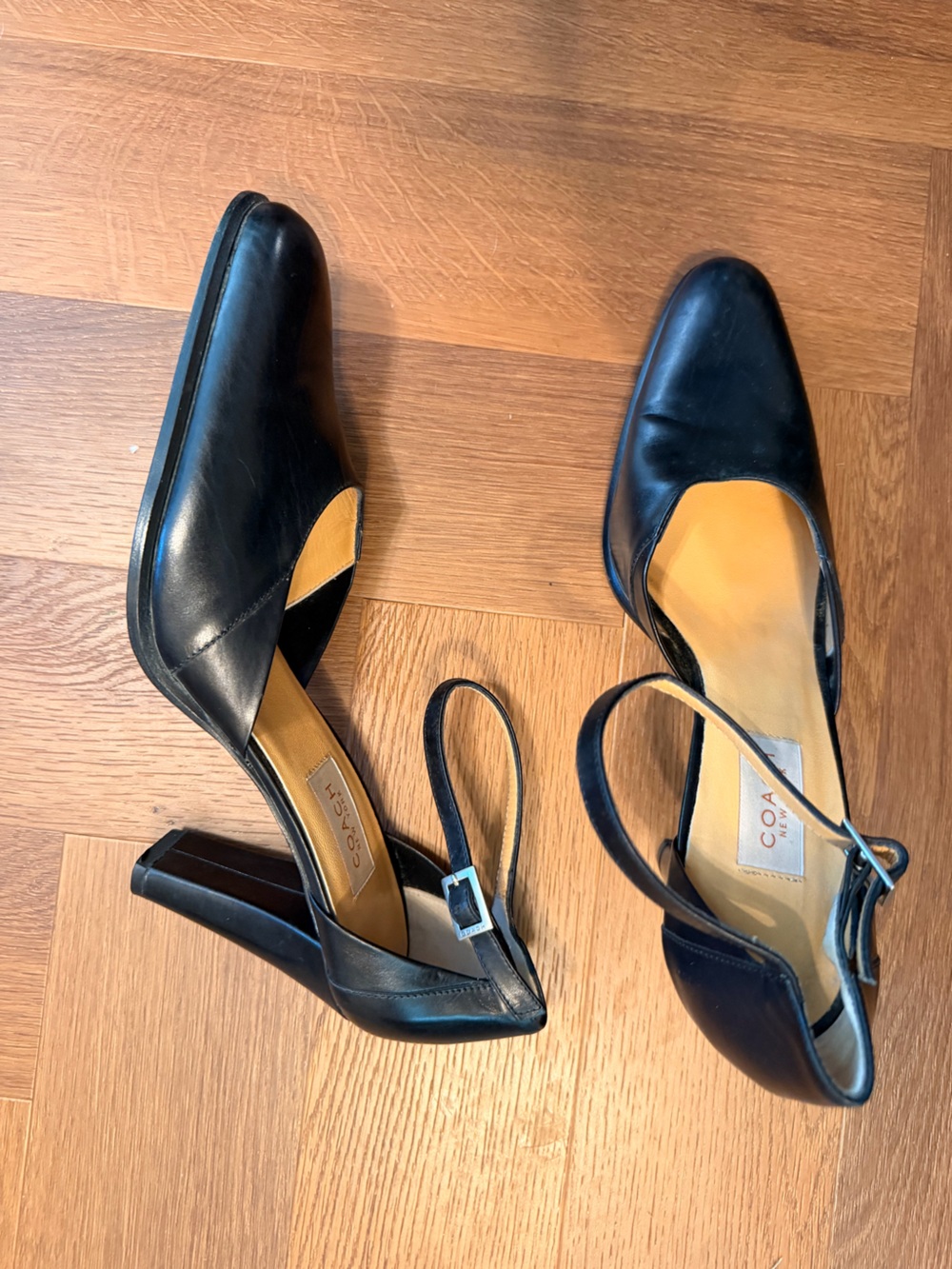 Coach Black Leather Slingback Block Heels with Gold Buckles